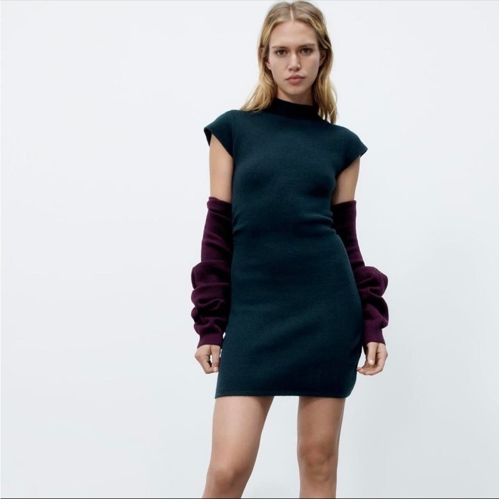 Brand New Zara Teal Mock Neck Knit Sweater Ruched Dress